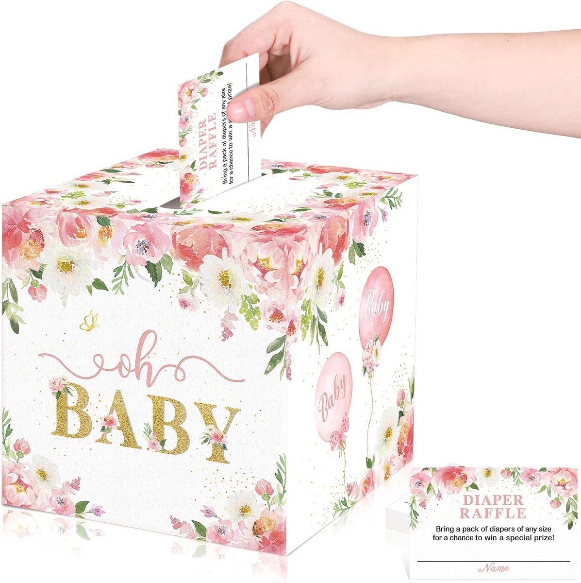 50x Bloemen Luiertickets en Kaarthouder voor Baby Shower – Roze Decoratie & Spel