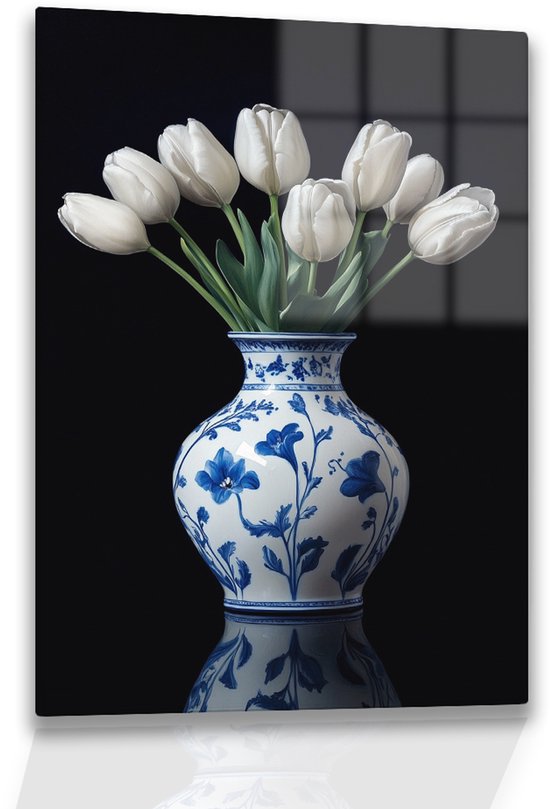 Tulipes dans un vase - Bleu de Delft - Peinture sur verre fleurs - Nature morte - Décoration murale en verre - Décoration salon - Décoration murale chambre à coucher - Tableaux bureau - Peinture plexiglas 60x90 cm