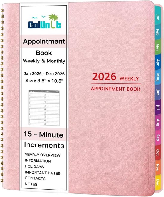 Foto: Afsprakenboek 2026 wekelijks maandelijks overzicht grote formaat agenda met 15 minuten indeling softcover planner met zakken tabbladen januari tot december