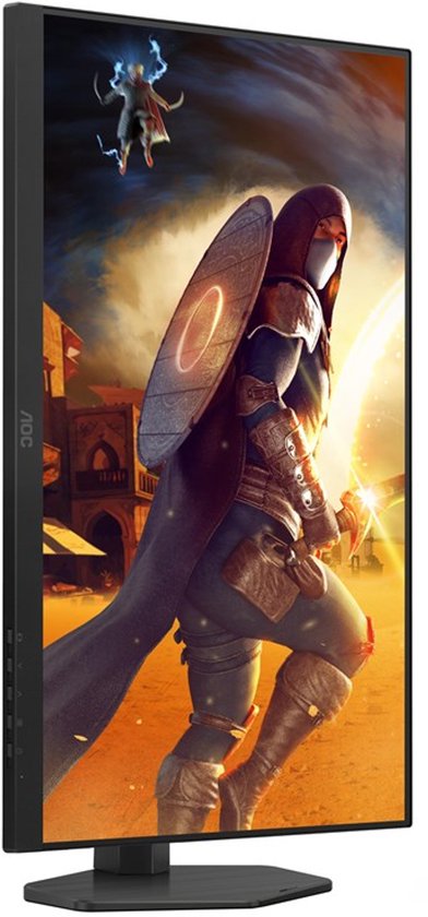 Zijaanzicht van een zwarte AOC gaming monitor met rode accenten. Het scherm toont een game-afbeelding.