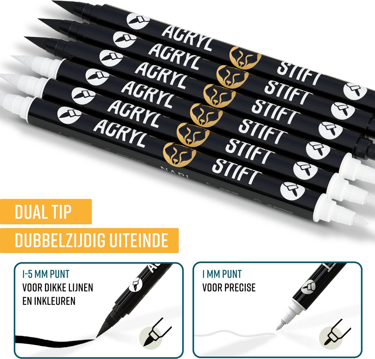 Napi Acrylstiften 6st Zwart/Wit - Brush en Fine Tip Twinmarkers - Verfstiften Happy Stones - Stenen Schilderen met Acryl Verf Marker Stiften - Volwassenen en Kinderen — afbeelding 2