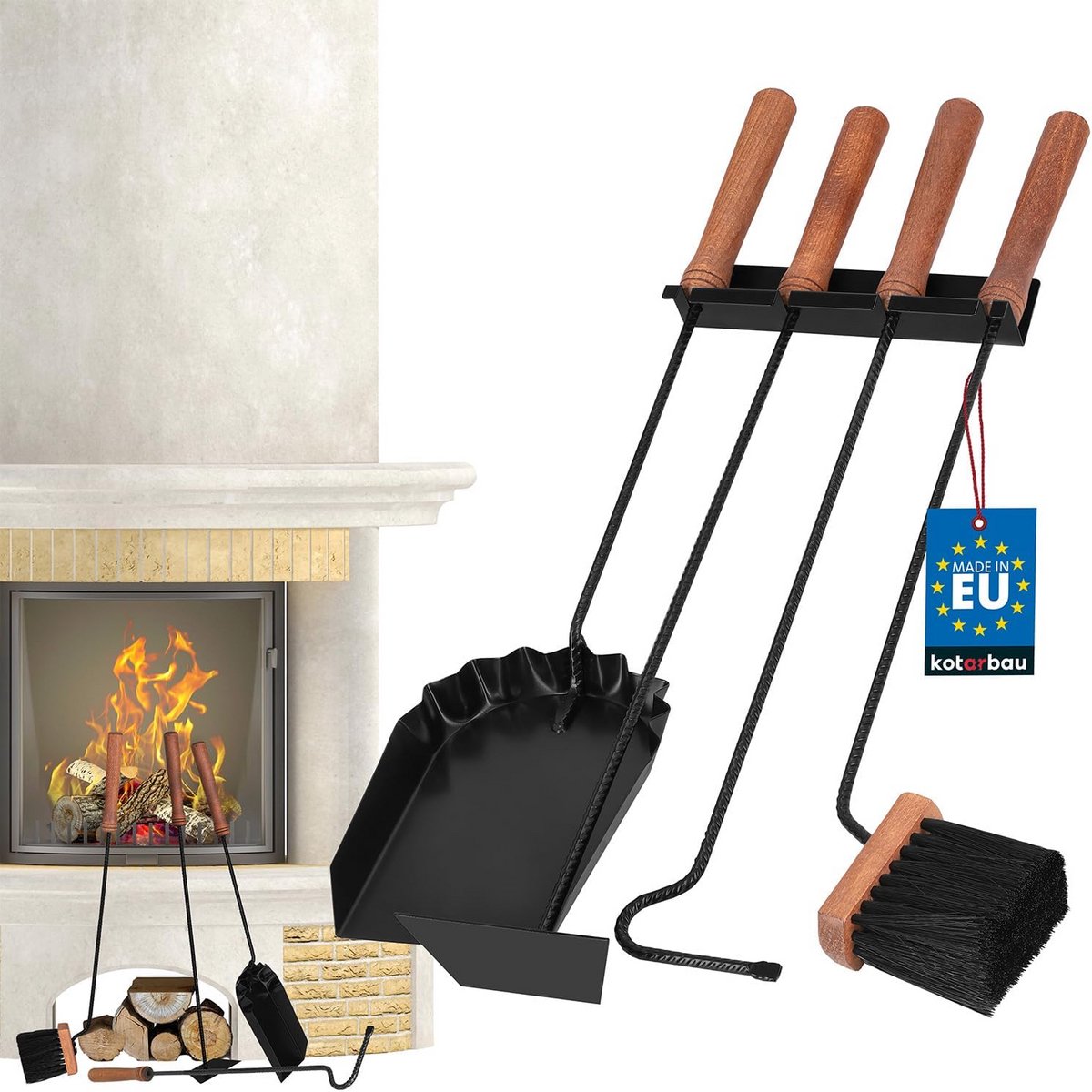 Set Haardgerei Zwart Modern Schoorsteen Gereedschap van Staal en Hout