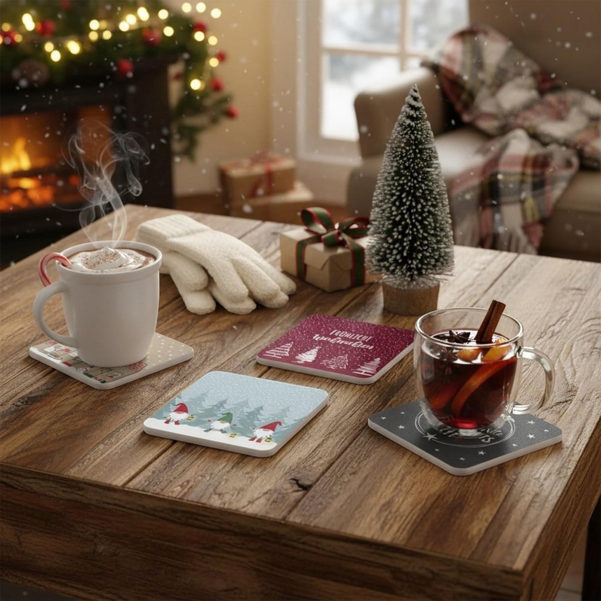 Set van 12 Kerst Onderzetters met Kurken Onderkant, Hittebestendig en Antislip