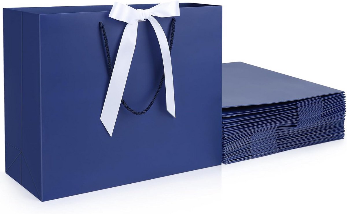 Papieren Cadeautasjes met Stroken Strook - 20 stuks 230 g/m² - Grote Geschenkzakken - Donkerblauw - L 32x11.5x28cm - Zakken met Handvatten voor Feest en Winkelverpakking