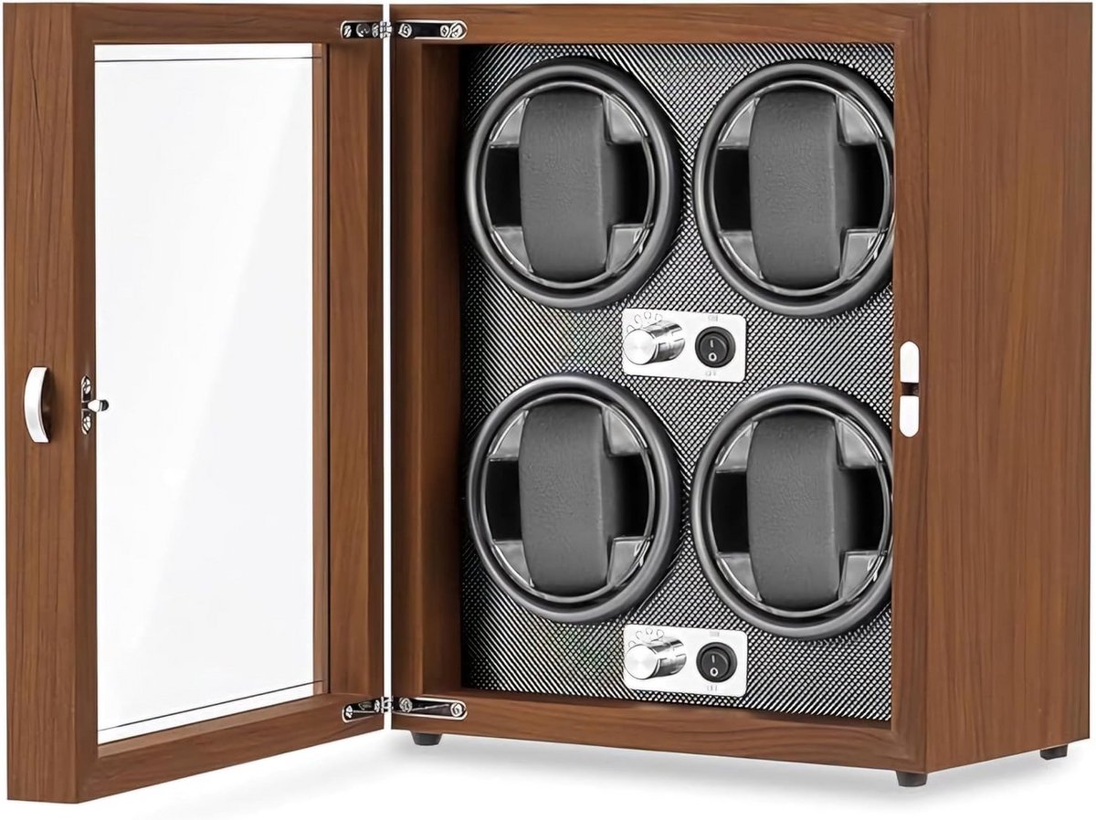 Houten Watchwinder voor 4 Horloges met LED Verlichting - Stille Rotatie Antimagnetische Bescherming