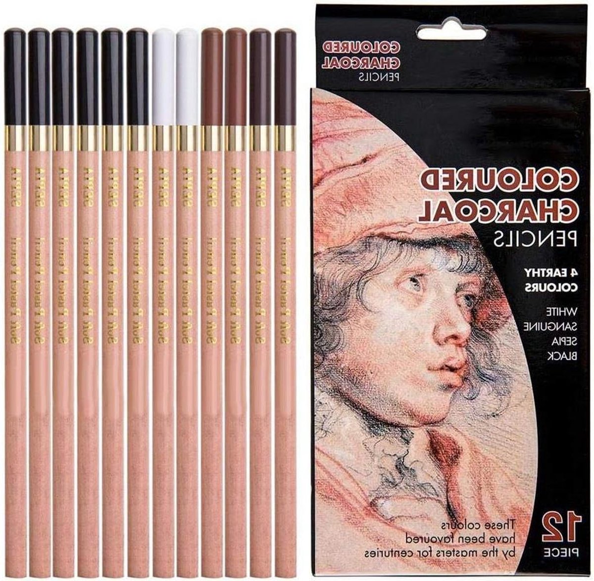Ronte - Schetspotloden Set 12 stuks voor Kunst en Houtskooltekeningen - Creatief Tekenen - Prof. Tekenpotloden - 4 Kleuren
