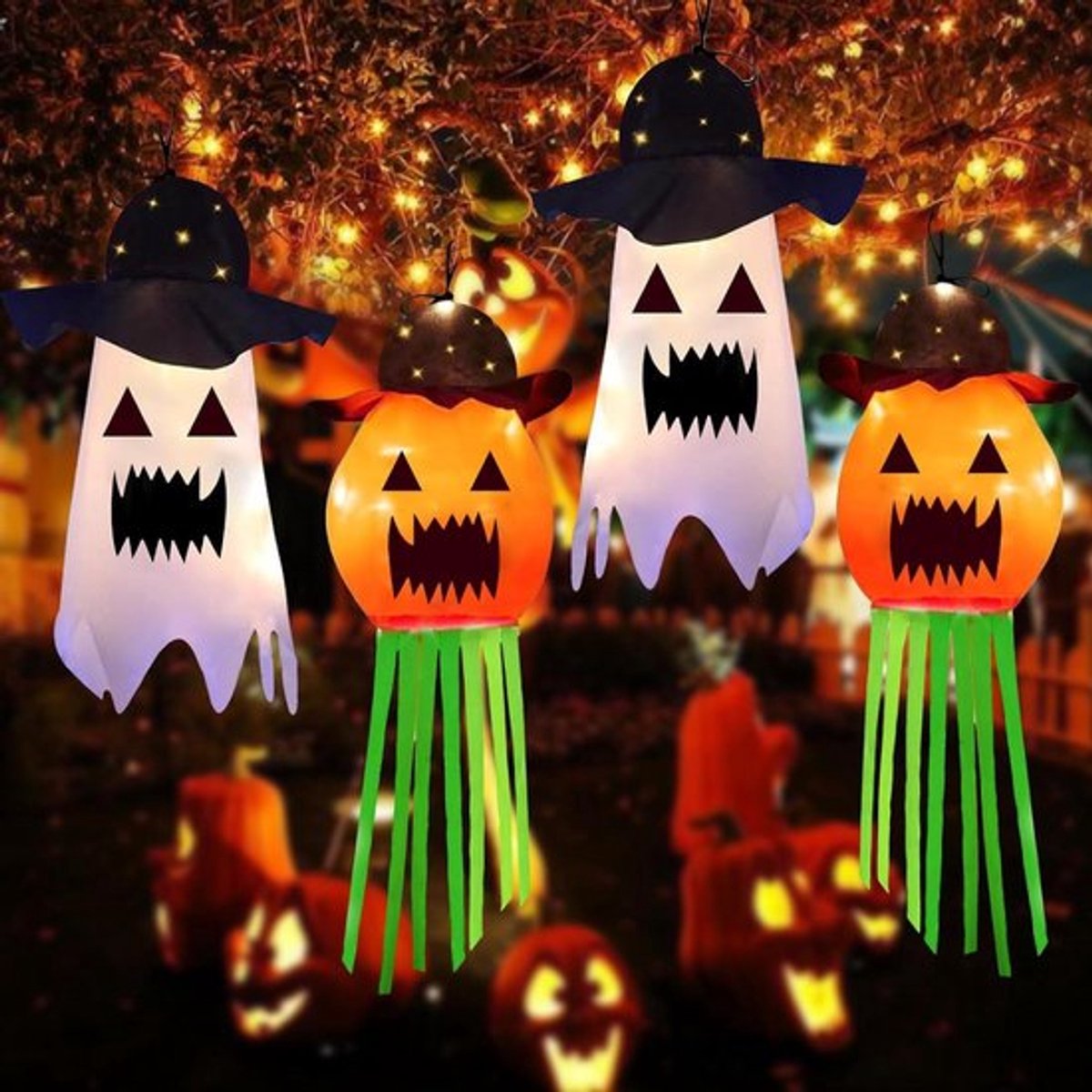 Set van 4 Halloween-windzakken voor buiten - pompoenen en spookdecoratie met LED-verlichting
