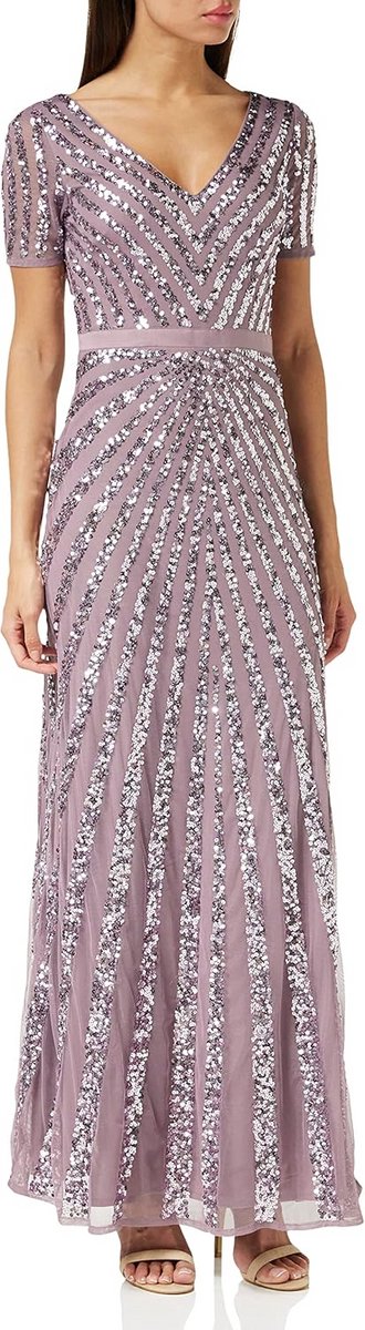 Dames Maxi Jurk met Pailletten Korte Mouwen V-Hals Tule Rok Bruidsmeisje Avondjurk Elegant