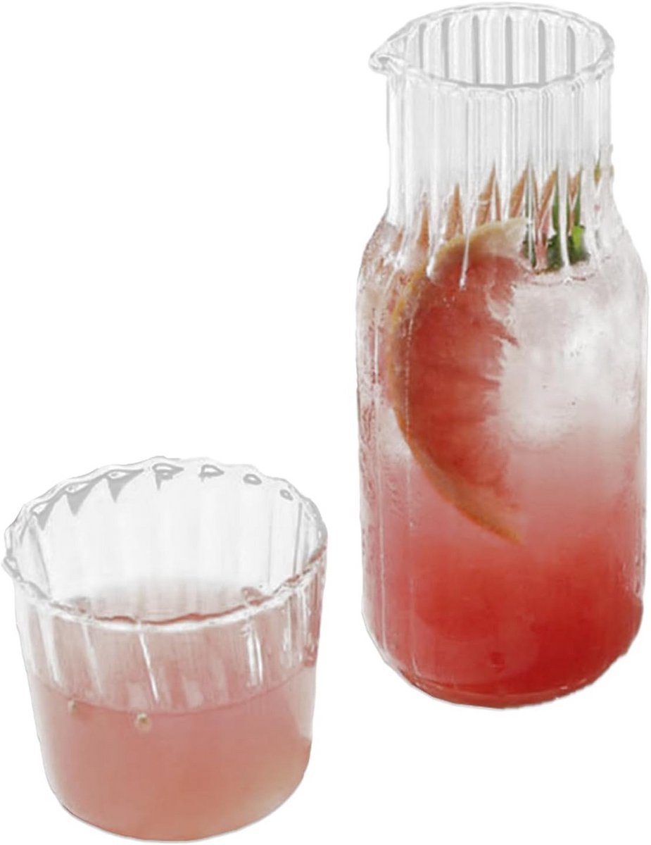 Transparante glazen waterkan met glas, vintage carafe met ribbeld design, 17 cm