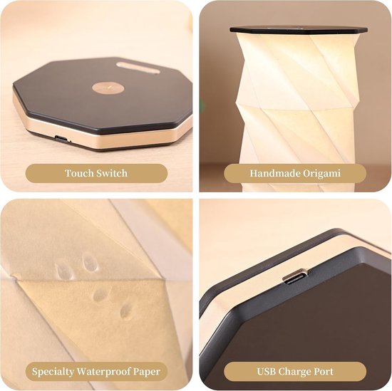 Oplaadbare Draagbare Touch Dimmer Lamp - Opvouwbare Papieren Lamp + Warm Licht - Travel Light / Kleine Batterij Tafellamp / Draagbare Verlichting - Ideaal voor Slaapkamer, Woonkamer & Reizen — afbeelding 4