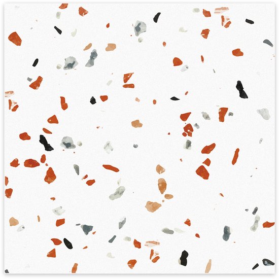 Vierkante tegel met een wit met terrazzo-motief van rode, oranje, grijze en zwarte spikkels.
