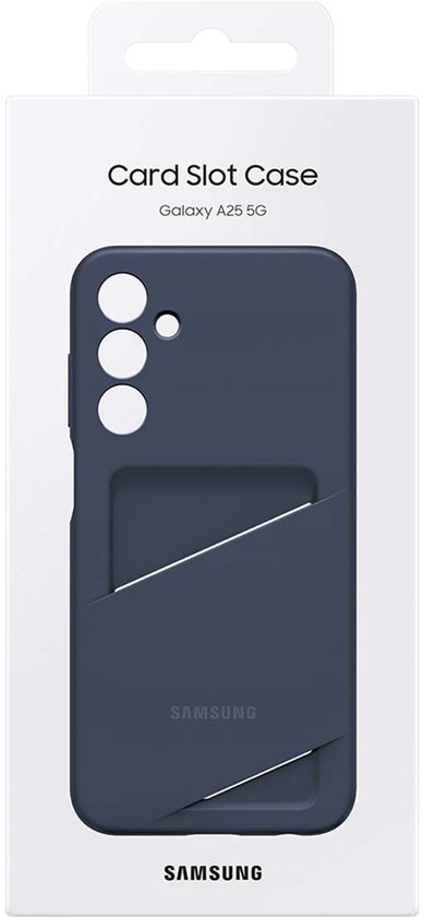Verpakking van donkerblauwe Samsung Card Slot Case voor Galaxy A25 5G.