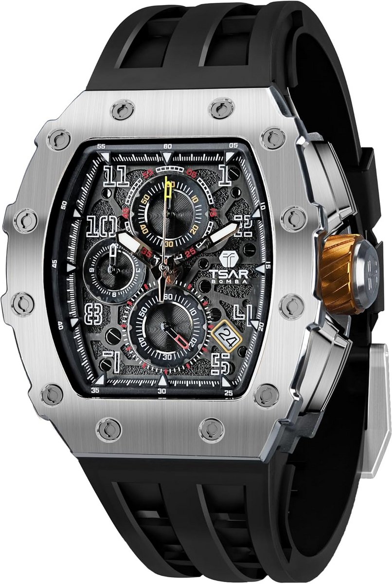 Herenhorloge Luxe Waterdicht 50m Analoog Stopwatch Vierkant Skelet Grote Wijzerplaat Duikhorloge