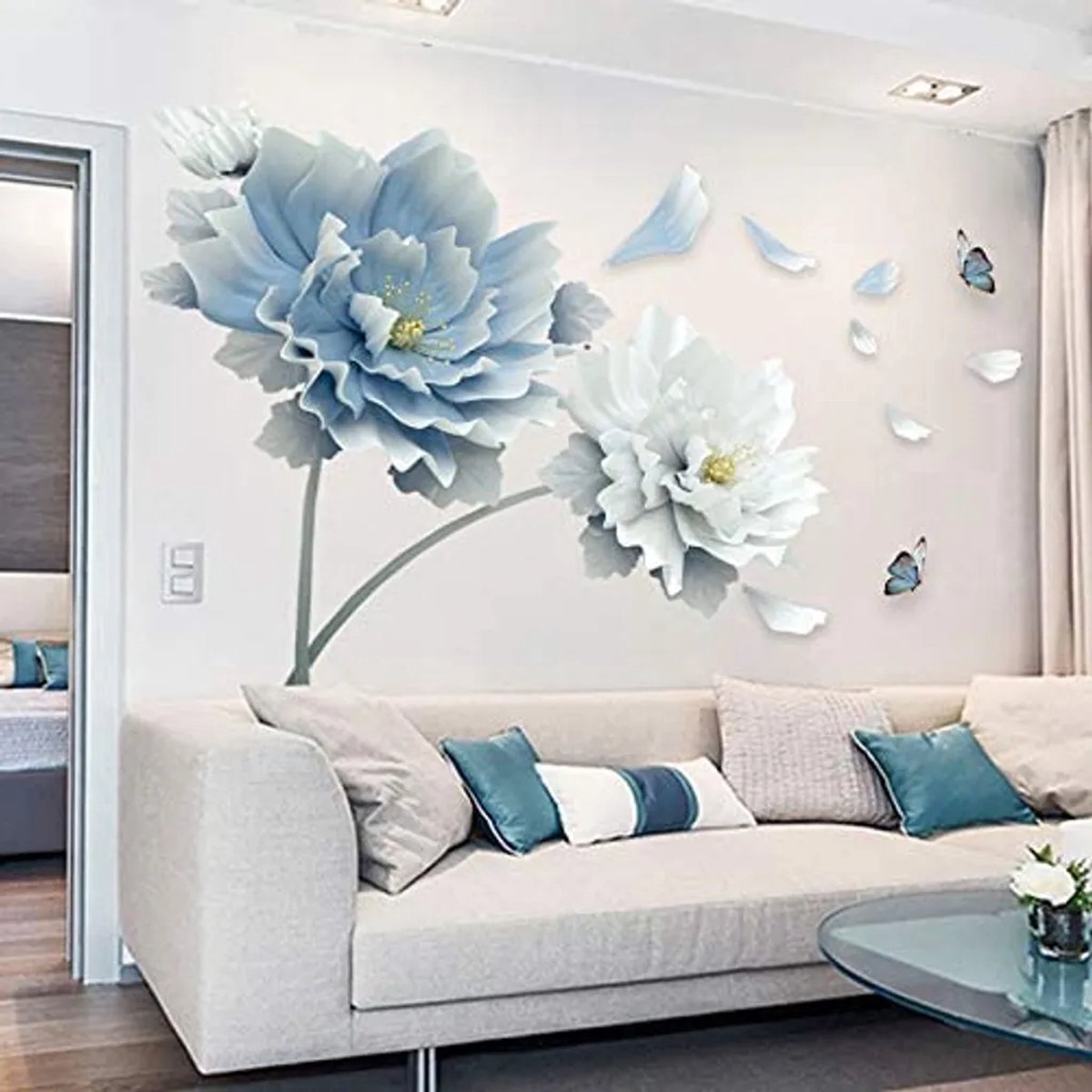 Muurstickers, behang, blauwe en witte pioenrozendecoraties, wandornamenten, decoratieve schilderijen voor woonkamers en slaapkamers