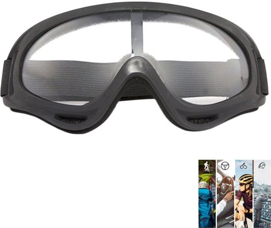 Veiligheidsbril - Skibril - Fietsbril - Motorbril - Heldere lenzen - Geschikt voor fietsen en skiën - Beschermt tegen wind en zand - UV-bescherming - Zwart - 18,5*9cm - Universele maat
