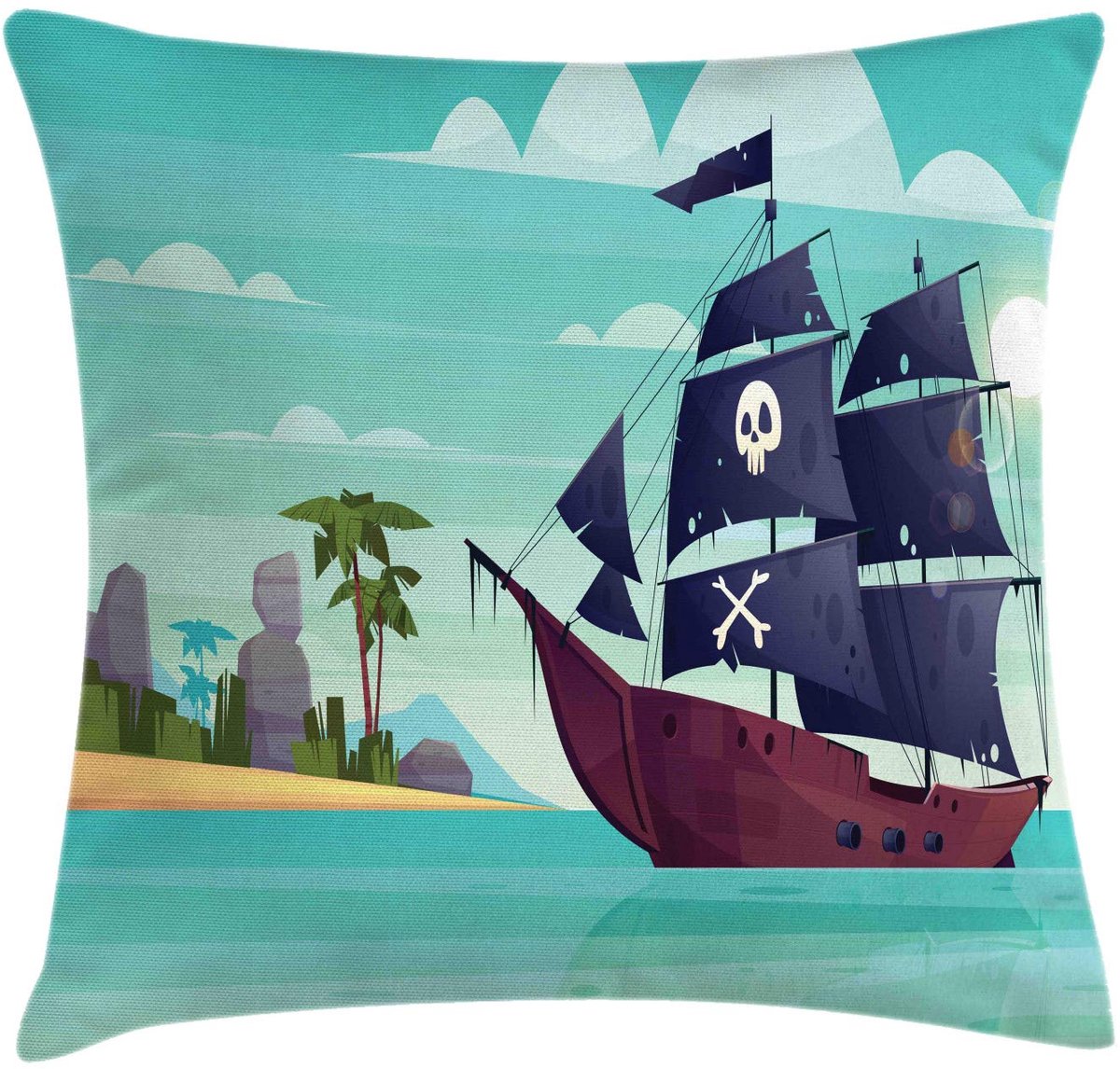 ABAKUHAUS 40x40 cm – Decoratieve kussenhoes piraatenschip – Tweezijdig bedrukt, multicolor turquoise Türkis