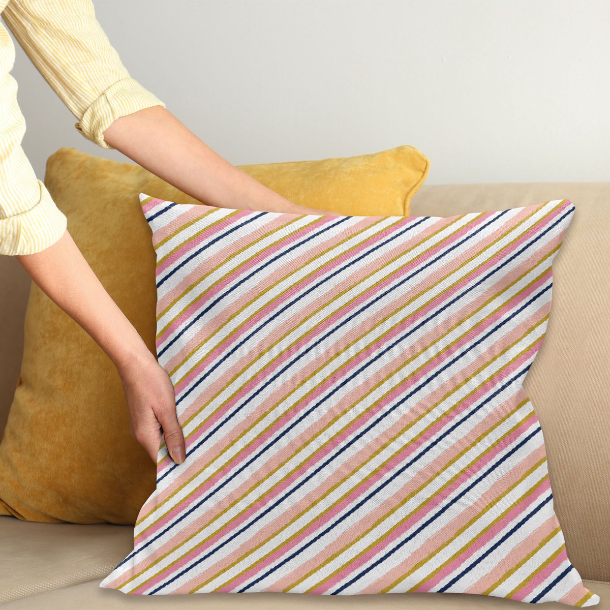 ABAKUHAUS Strepen-kussenhoes – Beidzijdig bedrukt – 40×40 cm – Roze