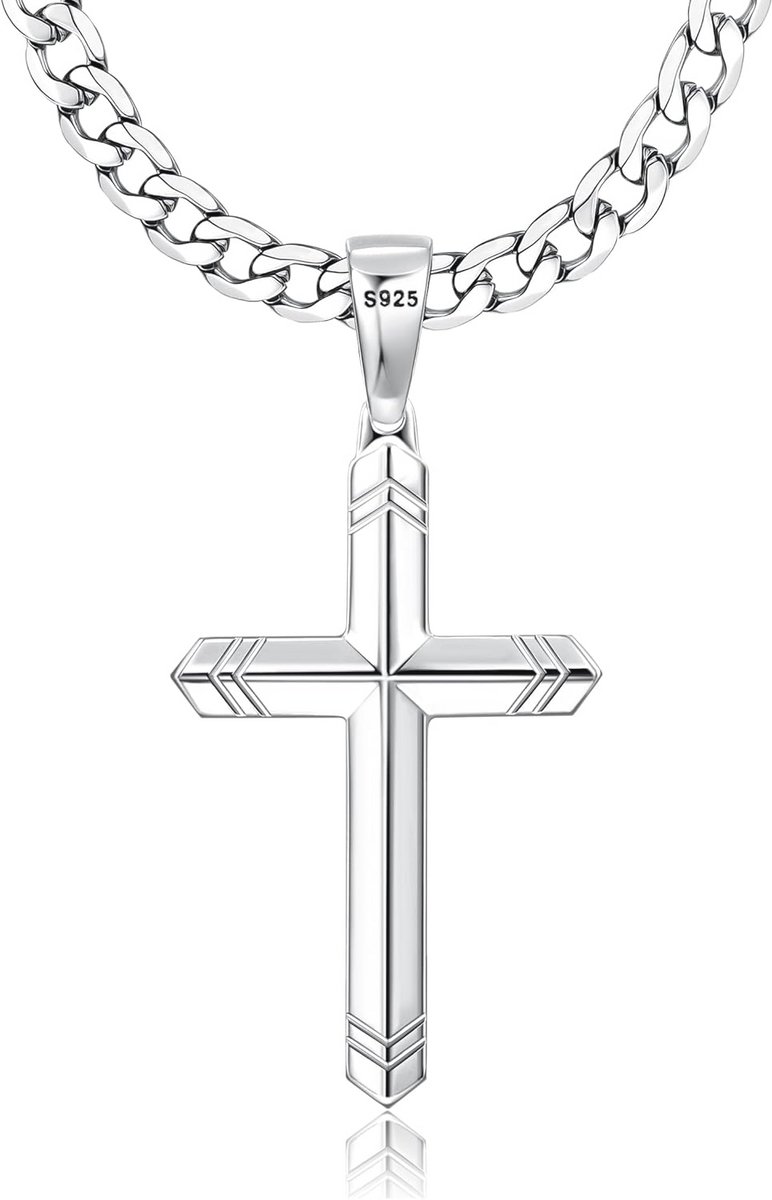 925 Sterling Silver Cross Chain voor Dames en Heren, 5 mm Robuuste Roestvrijstalen Cuban Chain met Gevlochten Zilver Cross Hanger 40-76 cm