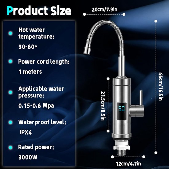 3000W Instant Warm Water Kraan Elektrische Boiler Tap Met LED Digitale Display Keuken Badkamer Water Verwarming Kraan Ipx4 Waterdicht 360 Draaibaar