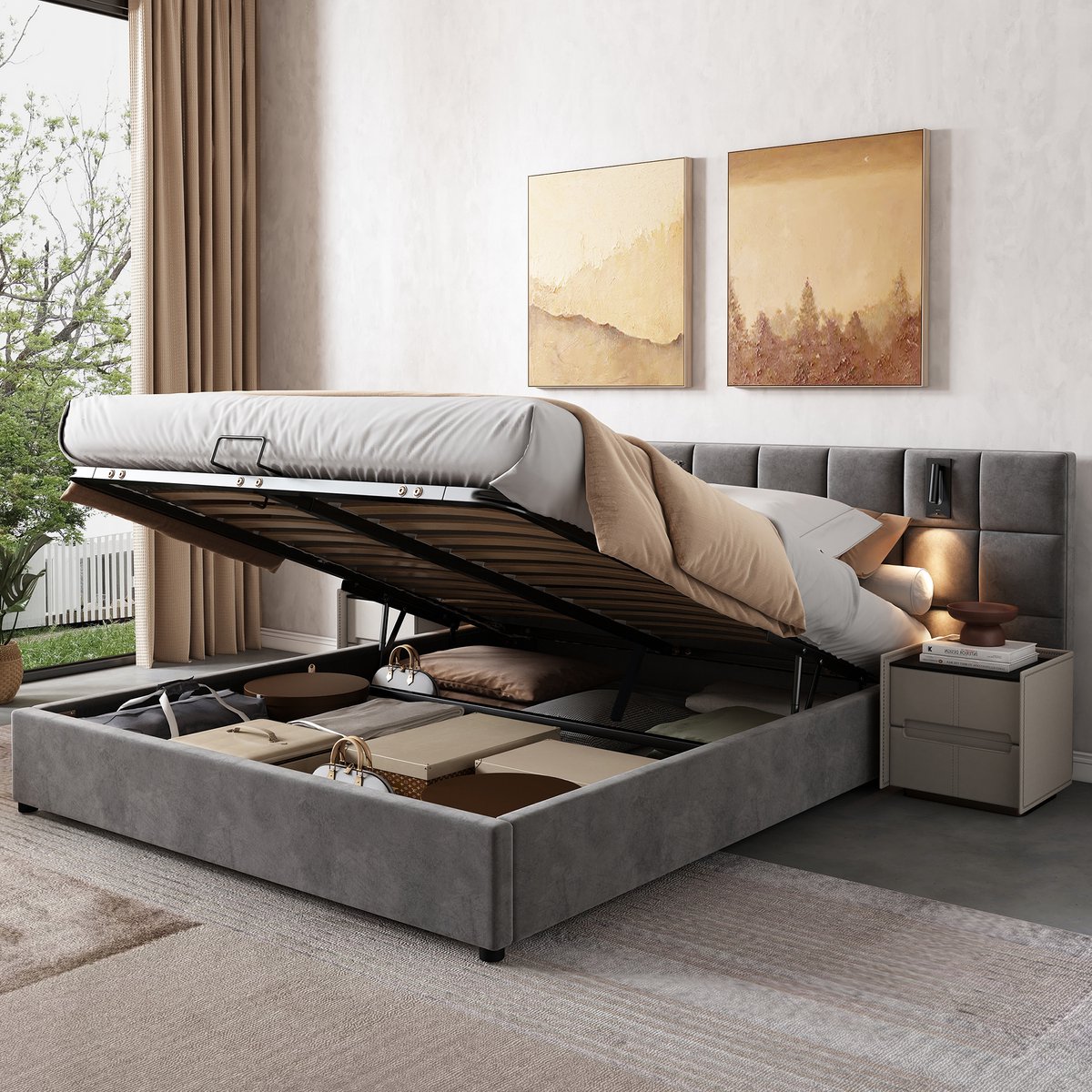 Wishdor Gestoffeerd Opbergbed 160x200 cm – Hydraulische Lift – Leeslamp & USB – Grijs Fluw