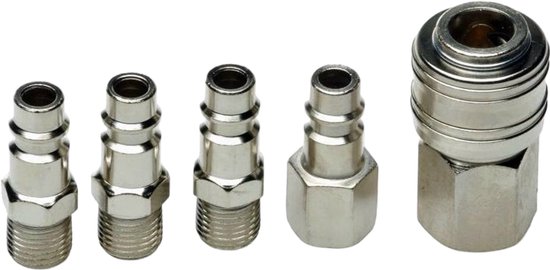 Set van vijf metalen luchtkoppelingen, bestaande uit drie mannelijke nippel-adapters, een vrouwelijke aansluiting en een mannelijke plug.