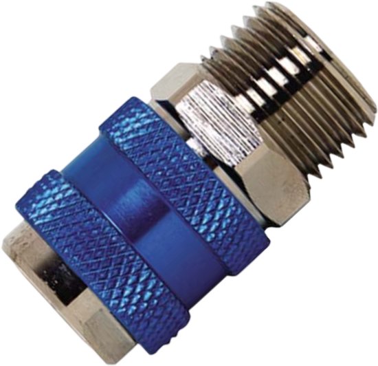 Messing snelkoppeling met blauwe, geribbelde mouw en 1/4" uitwendige schroefdraad.