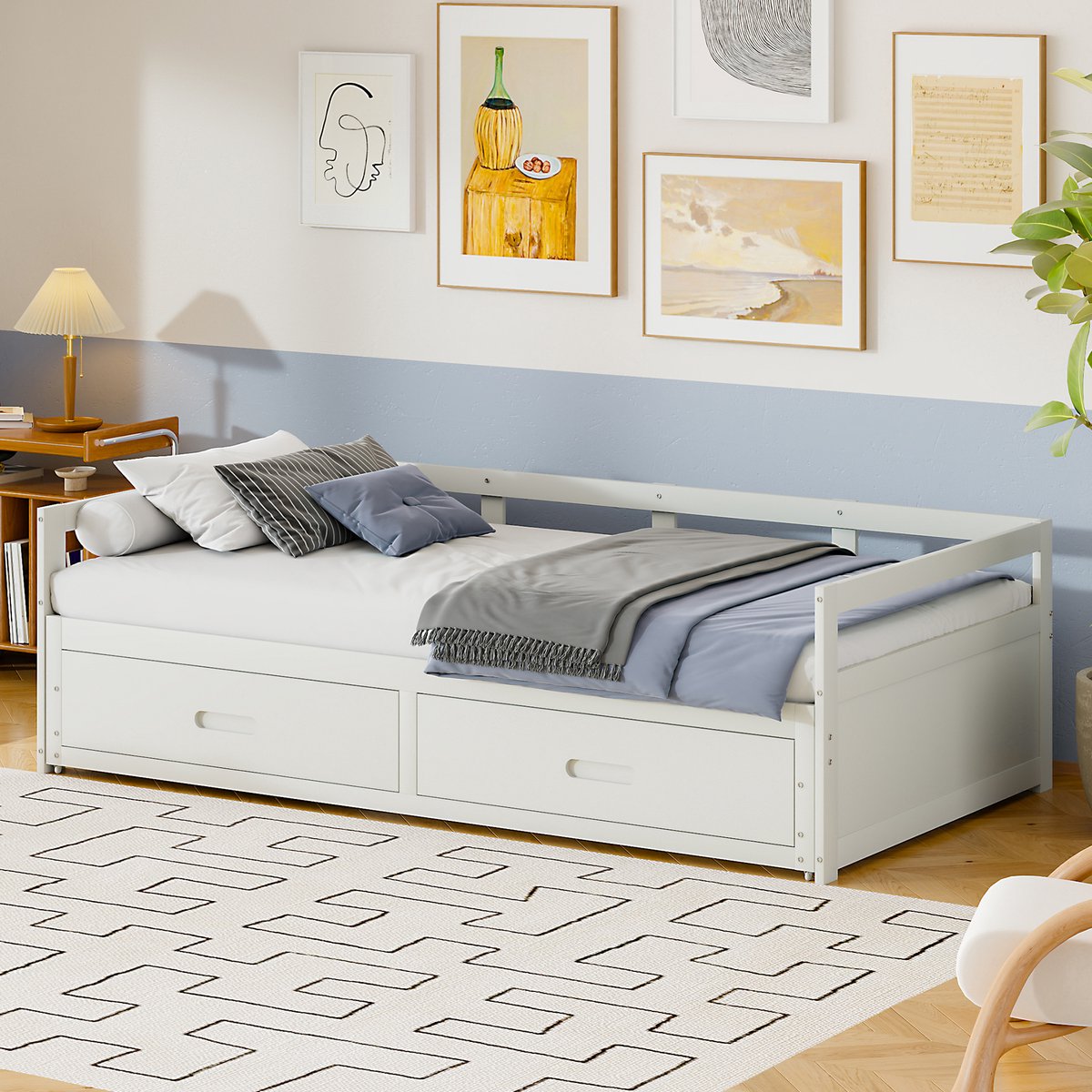 MODFU Bedframe 90/180x200 cm van grenenhout, uitschuifbaar met lattenbodem en opbergladen, wit, ruimtebesparend