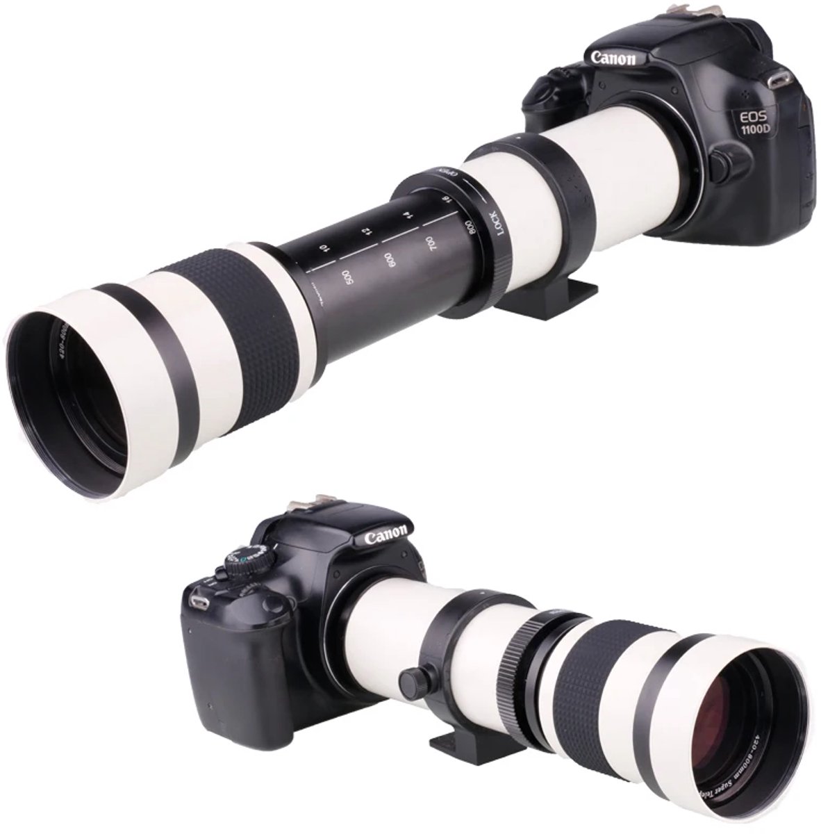 DutchOptics 420-800mm F8.3-16 super telelens zoomlens MF voor Canon EOS EF camera wit