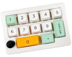 Mechanisch toetsenbord met numeriek toetsenblok met 13 toetsen, macroprogrammering, aanpasbare toetsen en een draaiknop (wit).