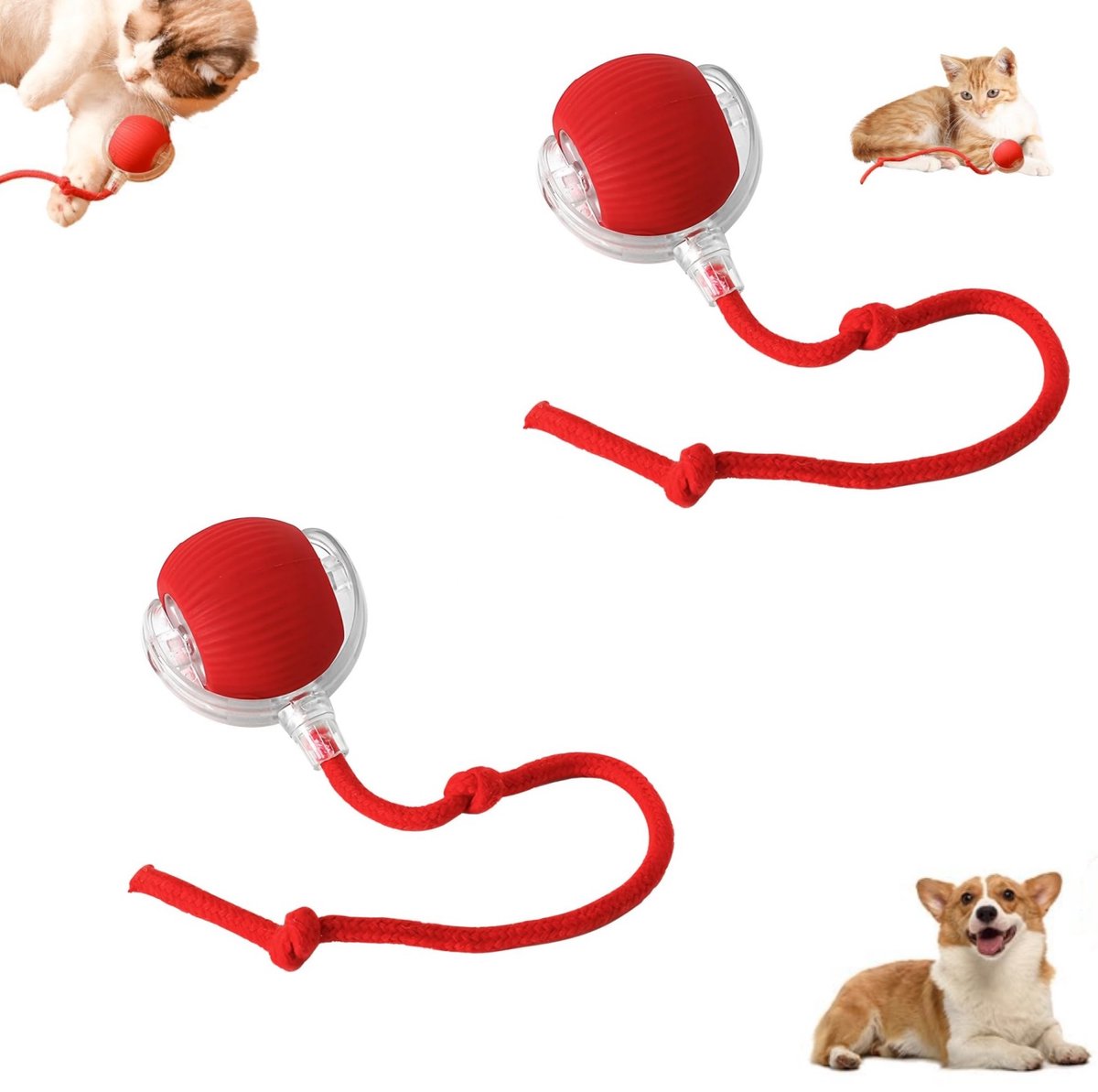 2 stuks – interactieve kattenspeelbal – Automatisch bewegende kattenbal – 360° slim rollend speelgoed – Binnenkattenspeelgoed – Sferische rollende interactieve speelgoedbal – Geschikt voor katten en honden (rood)