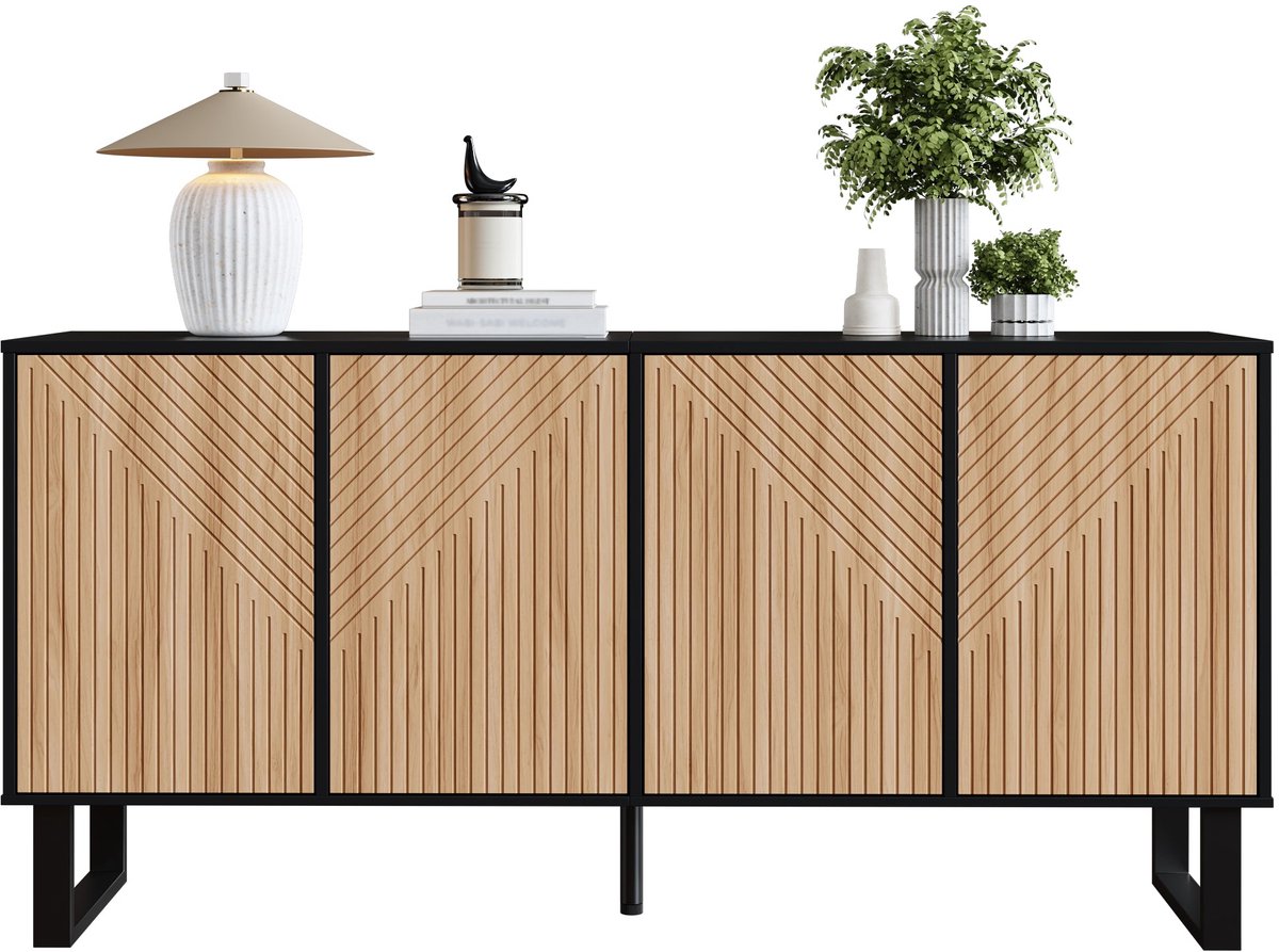 Merax Dressoir 160 X 38 X 75 Cm - Opbergkast Met 4 Deuren - Zwart Met Houtlook 3D Lattenfront - Kast Voor Woonkamer - Hal En Slaapkamer