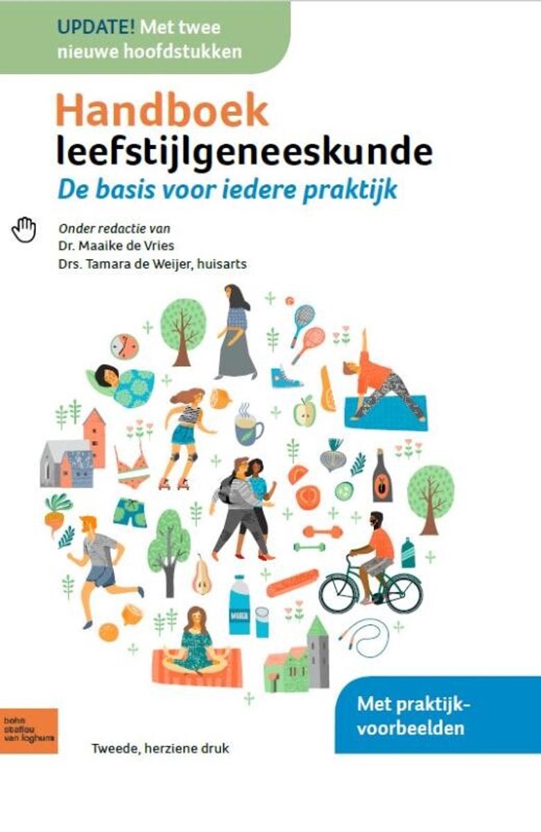 Boekcover met de titel 'Handboek leefstijlgeneeskunde'. Illustraties van mensen die sporten, wandelen, fietsen en yoga doen, met rondom iconen van gezonde voeding en huizen.