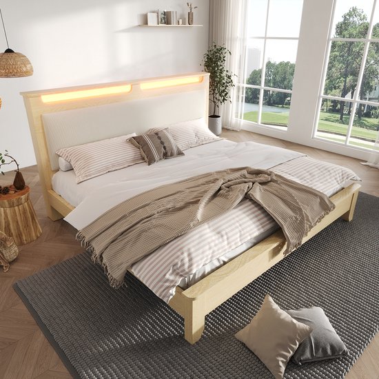 MODFU Ledikant 140x200 cm – eiken/beige – met LED, opbergruimte en lattenbodem