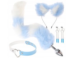 Volle Vos Kostuum Set - Met Pluche Staart, Oren Hoofdband, Halsband en Accessoires, voor Roleplay en Feesten,Blauw