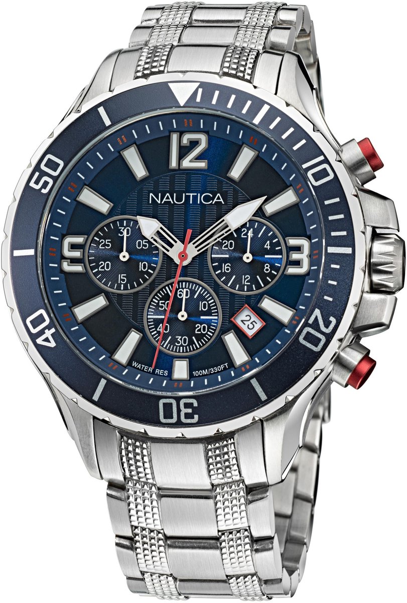 Nautica Nst Quartz Analog Chronograph Watch Zilver En Blauw Case: 100% Stainless Steel | Armband: 100% Stainless Steel 49 NAPNSS123