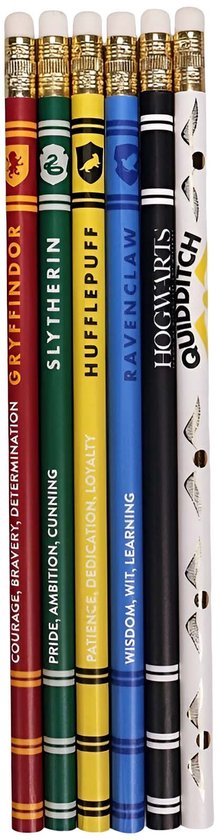 Zes potloden in de kleuren van Hogwarts: Gryffindor, Slytherin, Hufflepuff en Ravenclaw.