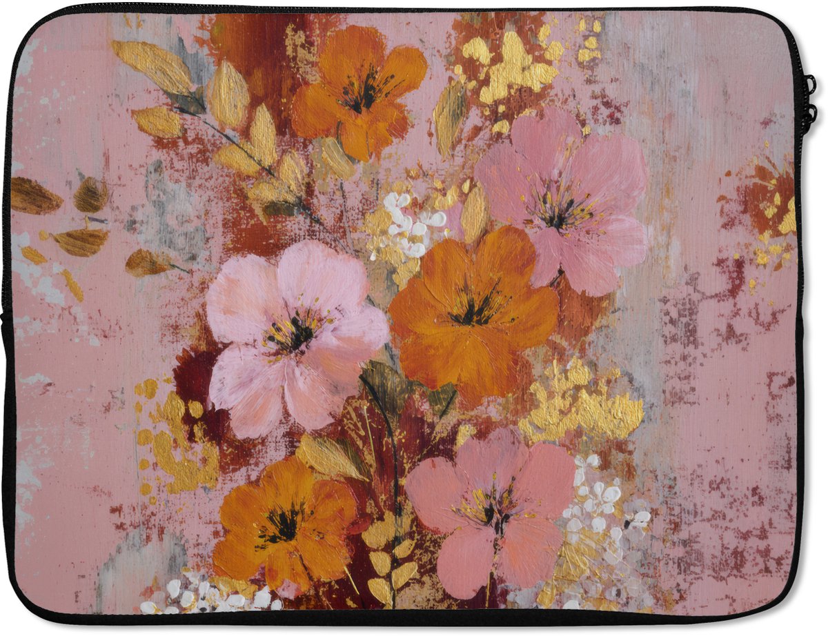 Laptophoes 17 inch - Schilderij - Bloemen - Rustiek - Roze - Laptop sleeve - Binnenmaat 41x28 cm - Zwarte achterkant