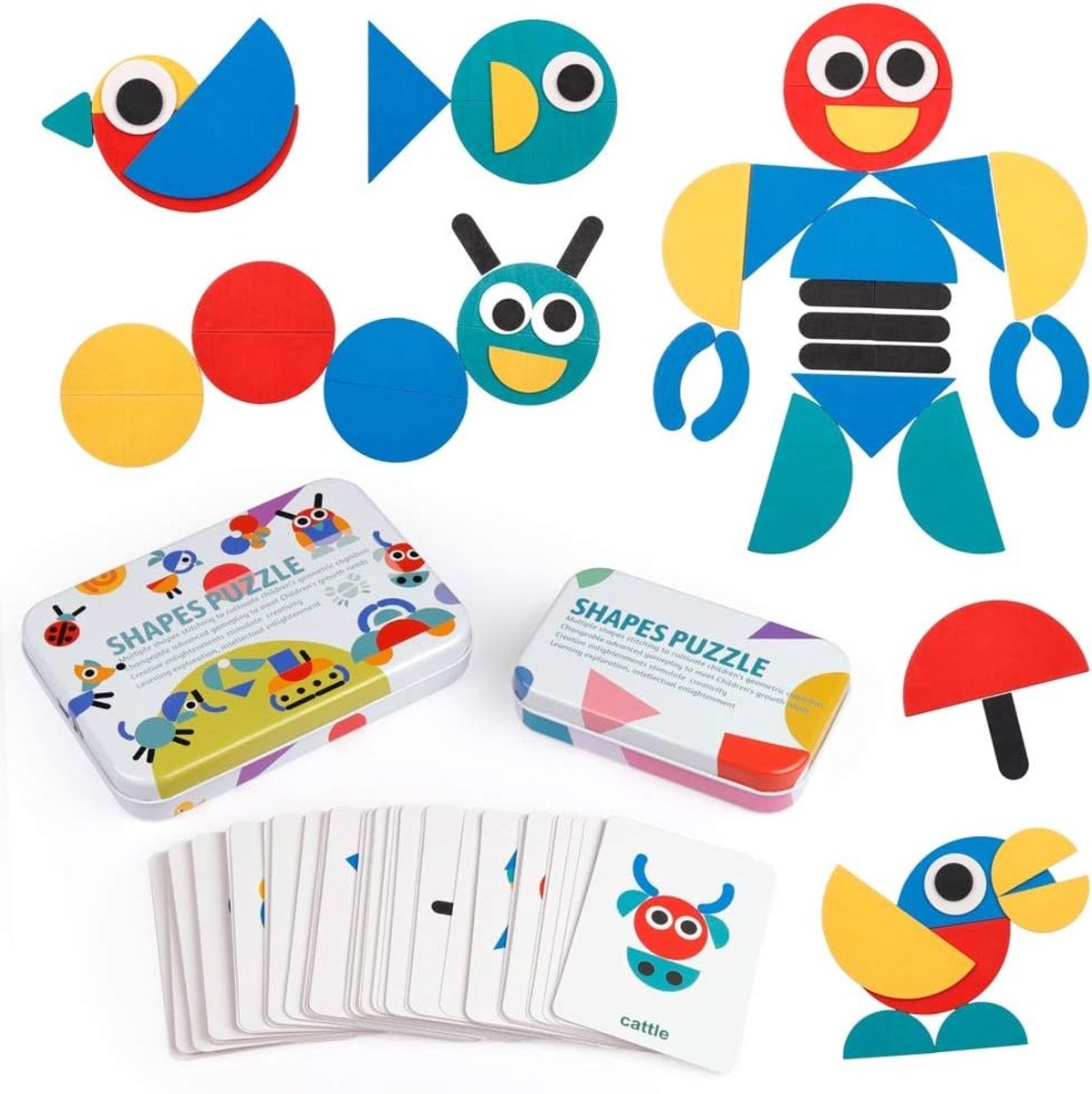 Houten Vormenpuzzel & Mozaïek Set - 36 Blokken & 60 Patroonkaarten - Tangram Dierenvormen - Montessori Educatief Speelgoed - Voor Peuters van 3 tot 5 Jaar