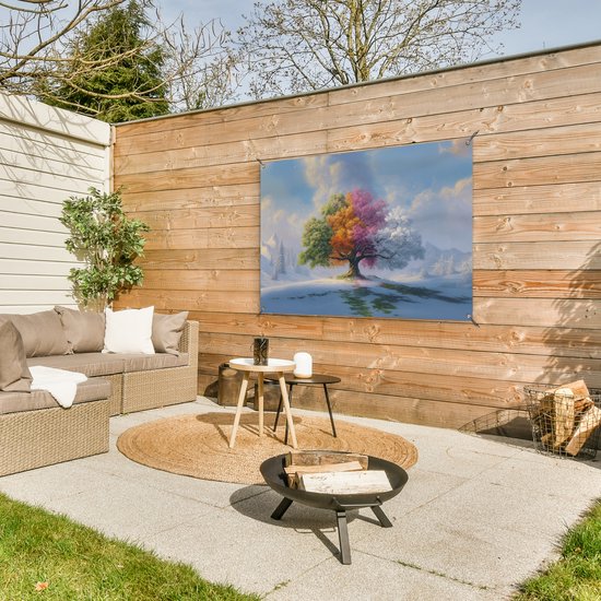 Tuinposter 120x80 cm - Tuindecoratie Boom - Seizoenen - Winter - Landschap - Poster voor in de tuin - Buiten decoratie - Schutting tuinschilderij - Tuindoek muurdecoratie - Wanddecoratie balkondoek