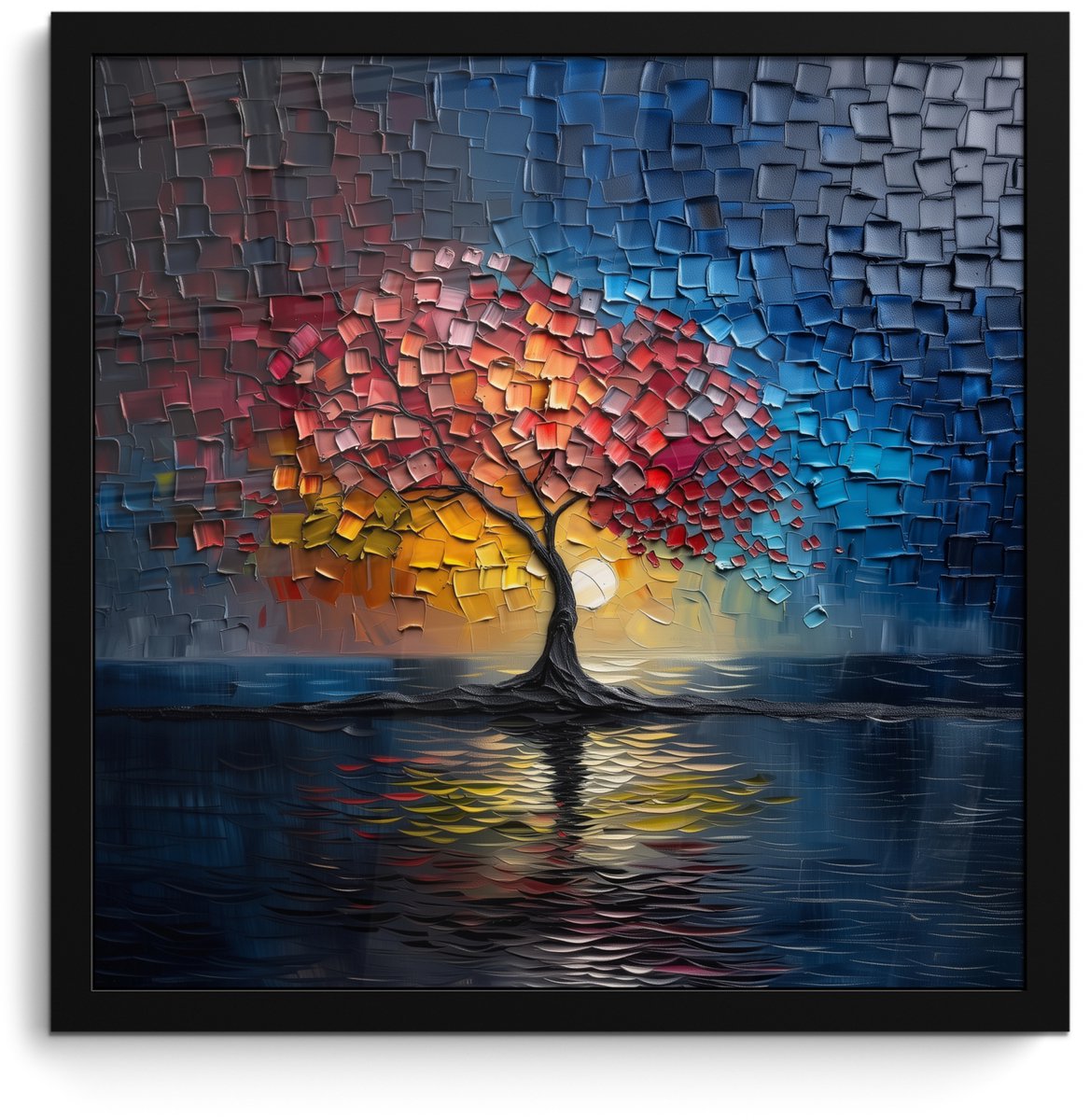 FrameYourWall Poster in lijst - Fotolijst 40x40 cm - Posters - Boom - Blauw - Bladeren - Vakken - Posterlijst zwart - Decoratie - Wanddecoratie woonkamer - Muurdecoratie slaapkamer