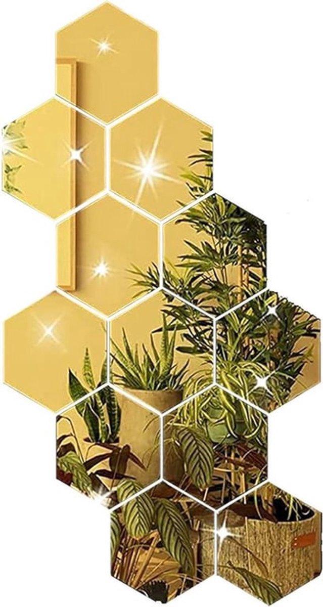 Zeshoekige Acryl Muur Spiegel Stickers - Zelfklevende Tegels - Wanddecoratie - Badkamer, Woonkamer, Keuken - Goud - 12 Stuks