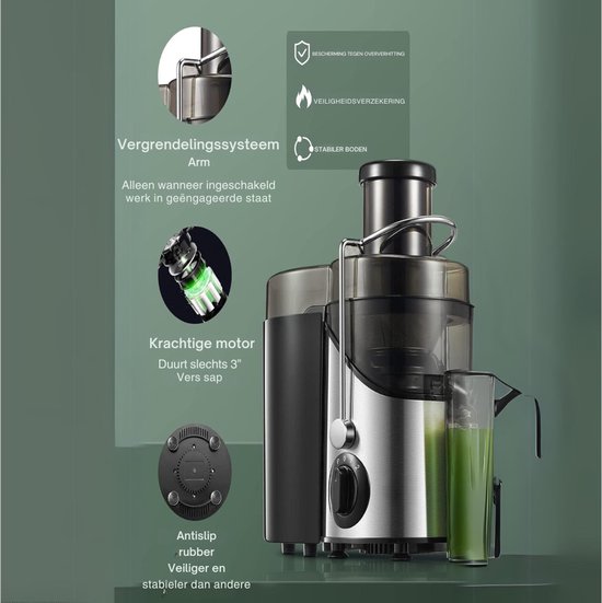 VIN® Sapcentrifuge voor Groenten & Fruit - Juicer met microfilter - Slowjuicer met Grote Vulopening - Fruitpers - 3 Snelheden - BPA-Vrij - Zwart/RVS van Merkloos — afbeelding 2