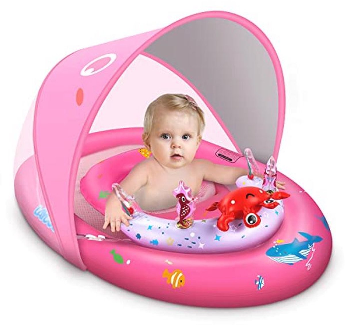 Babyzwemfloat met UPF50+ Bescherming en Speelconsole - Opblaasbare Veiligheidsstoel voor Peuters (6-36 maanden)