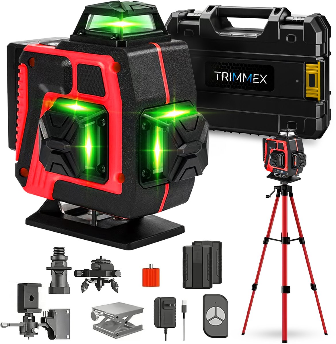Trimmex® Kruislijnlaser + Statief - 16 Zelfnivellerend Bouwlaser - Inclusief Opbergtas - 360° - Lijnlasers - Laser Waterpas - Inclusief accessoires - 2 accu's - Rood