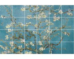 Wallfluent Tegelstickers - Van Goghs Bloeiende Amandelboom Stickers Voor Op Tegels - Set van 24 stuks 20 x 20 cm - Blauw Tegelfolie Keuken - Mozaïek Bloemen en Planten Tegelfolie Badkamer