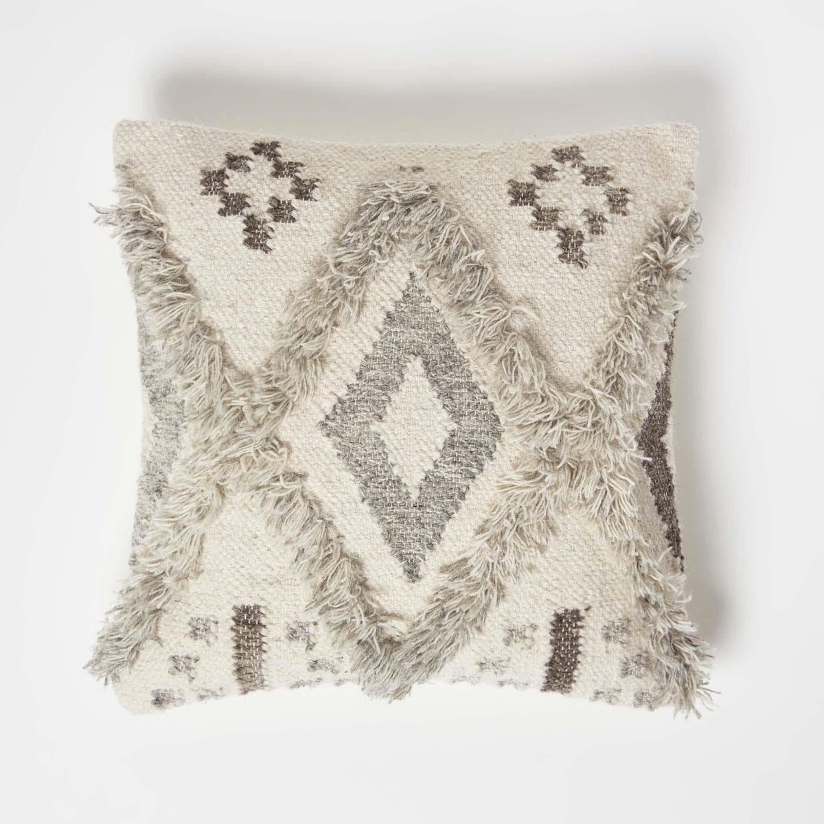 Unyqoos Handgemaakt Boho Sierkussen met Geometrisch Patroon in Crème en Grijs Crème grijs