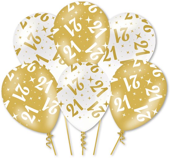 Q2P - 21 Jaar Ballon - Verjaardag Versiering - Wit & Goud - Helium Ballonnen - Feest Decoratie - 6 Stuks