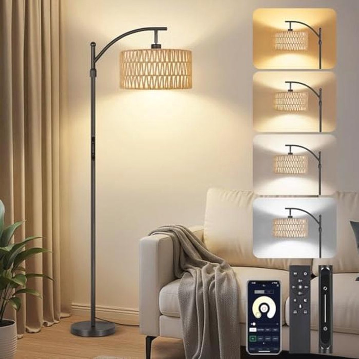 Dimbare Boho Staande Lamp met App en Afstandsbediening - Vintage LED Lamp voor Woonkamer, Slaapkamer en Kantoor
