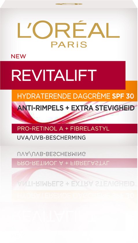 L'Oréal Paris Revitalift hydraterende dagcrème SPF 30. Nieuwe formule. Anti-rimpels + extra stevigheid. Pro-retinol A + Fibrelastyl. UVA/UVB bescherming.