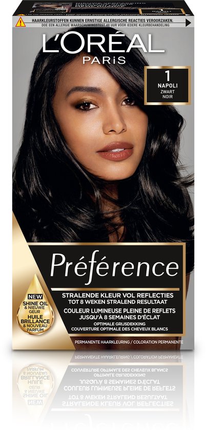 Boîte de coloration L'Oréal Paris Préférence avec une femme aux cheveux longs, brillants et noirs sur le devant.